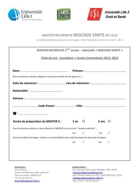 MASTER RECHERCHE BIOLOGIE SANTE DE LILLE