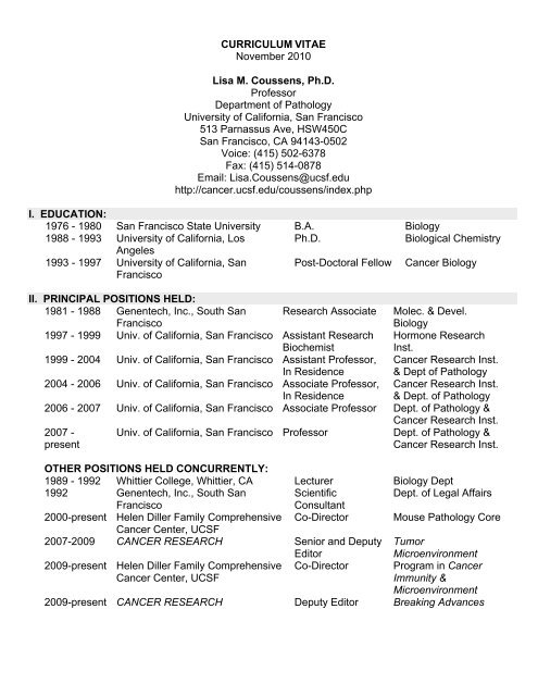 Coussens CV 11-10 - Departments of Pathology and Laboratory ...