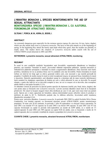 lymantria monacha l. species monitoring with the aid of sexual ...