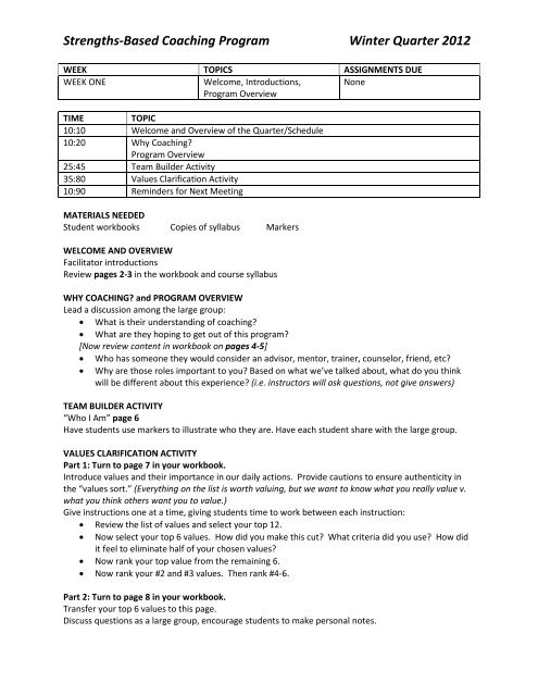 Strengths-Based Coaching Program Winter Quarter 2012