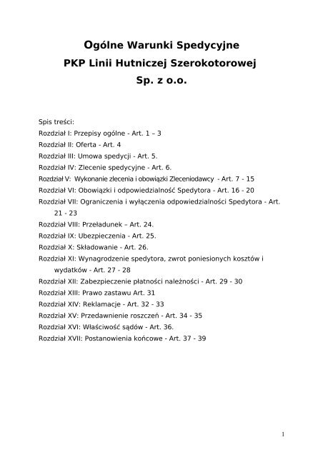 Ogólne Warunki Świadczenia Usług Spedycyjnych przez PKP Linię ...