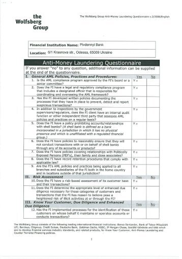 wolfsberg questionnaire - Pivdennyi Bank