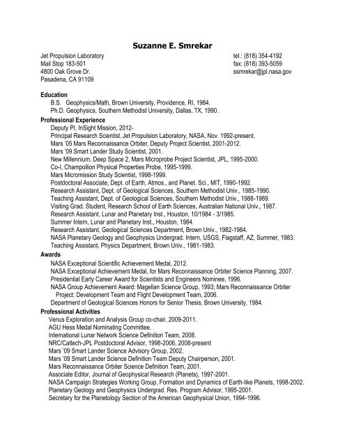 Suzanne E. Smrekar Science NASA