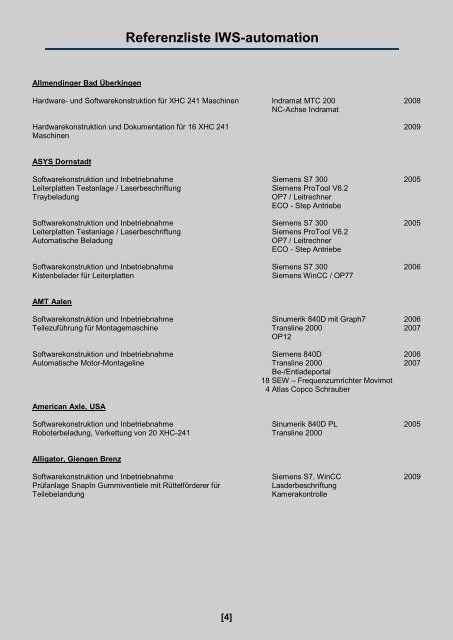 Referenzliste IWS-automation - IWS-automation GmbH