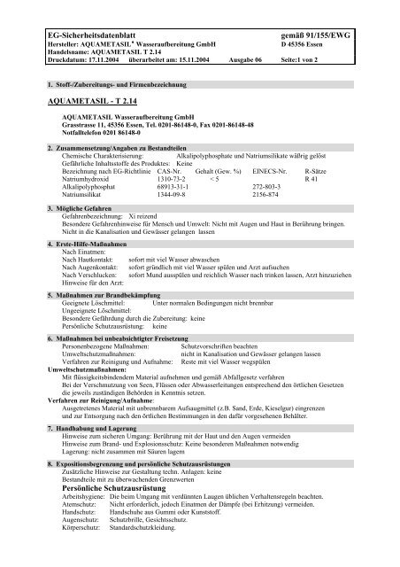 Eg Sicherheitsdatenblatt Gemass 91 155 Ewg Aquametasil T 2 14