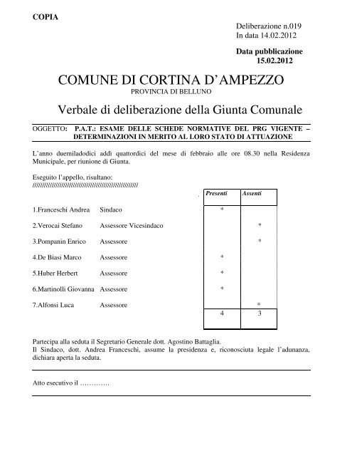 delibera di giunta comunale n. 19 del 14.02.2012 - Regione Veneto