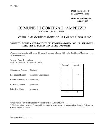 delibera di giunta comunale n. 4 del 09.01.2013 - Regione Veneto