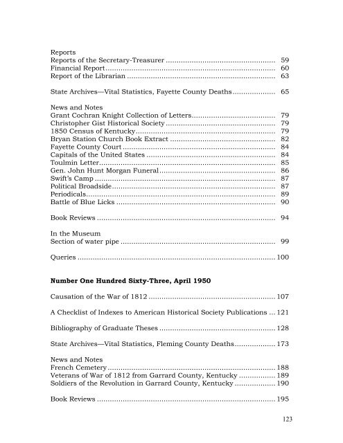 Table of Contents for the full run of - Kentucky Historical Society