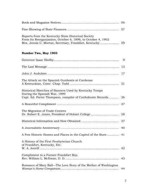 Table of Contents for the full run of - Kentucky Historical Society