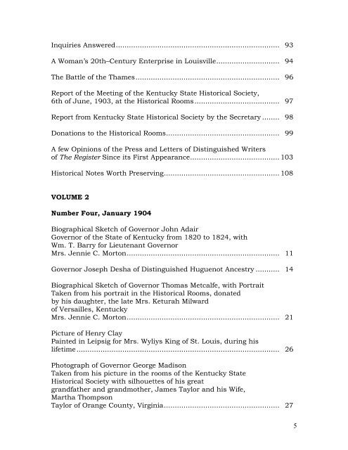 Table of Contents for the full run of - Kentucky Historical Society