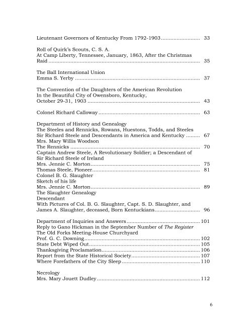 Table of Contents for the full run of - Kentucky Historical Society