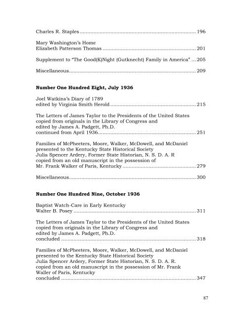 Table of Contents for the full run of - Kentucky Historical Society