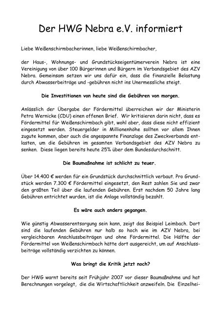 Der HWG Nebra e.V. informiert