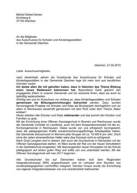 Rücktritt - Schreiben an Ausschuss - SPD Ortsverein Gleichen