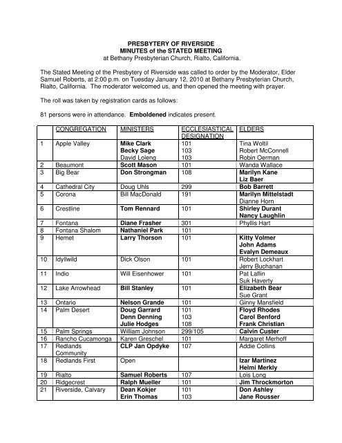 PRESBYTERY OF RIVERSIDE MINUTES of the STATED MEETING ...