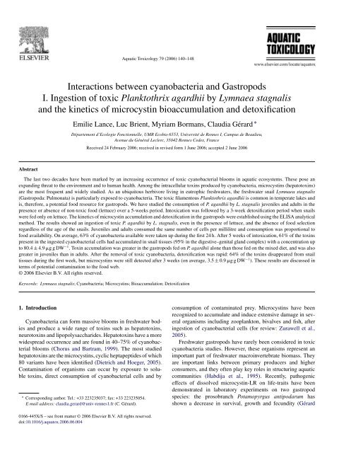 Interactions between cyanobacteria and Gastropods I ... - Ecobio