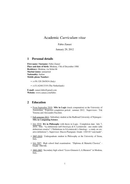 Academic Curriculum vitae - SELP - Seminario di Logica Permanente