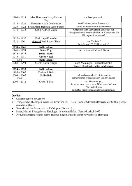 Liste der Pfarrer für Stotternheim und Schwerborn