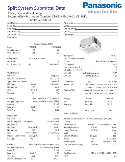 KE18NB4U submittal Ceiling Recessed Heat Pump .indd - Panasonic