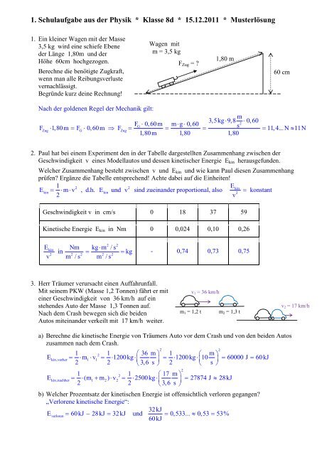 Lösung zur 1. Schulaufgabe - Physik und Mathematik