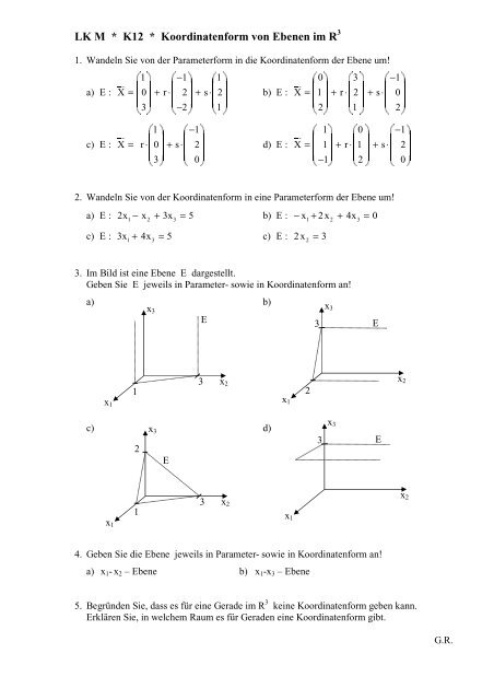 Ebene Von Parameterform In Koordinatenform 5 Aufgaben zur Koordinatenform von Ebenen