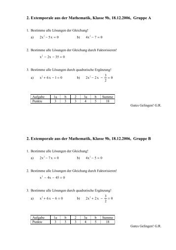 2. Extemporale aus der Mathematik, Klasse 9b, 18.12.2006, Gruppe ...