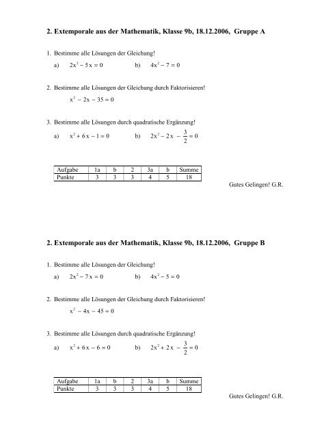 2. Extemporale aus der Mathematik, Klasse 9b, 18.12.2006, Gruppe ...