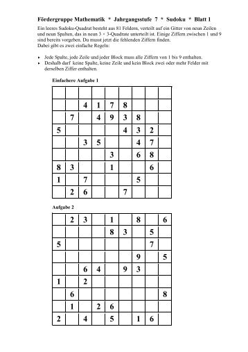 Fördergruppe Mathematik * Jahrgangsstufe 7 * Sudoku * Blatt 1