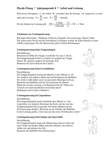 Physik-Übung * Jahrgangsstufe 8 * Arbeit und Leistung