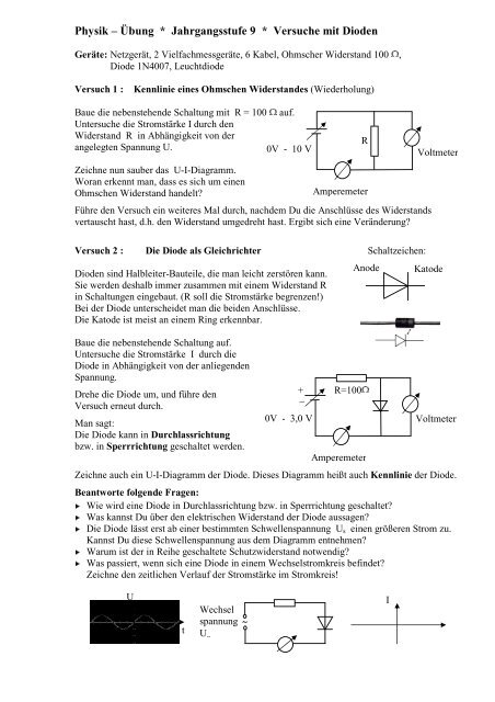 Physik – Übung * Jahrgangsstufe 9 * Versuche mit Dioden