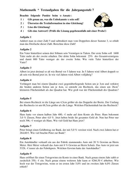 Mathematik * Textaufgaben für die Jahrgangsstufe 7