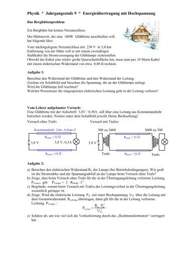 Physik * Klasse 9b * Energieübertragung mit Hochspannung