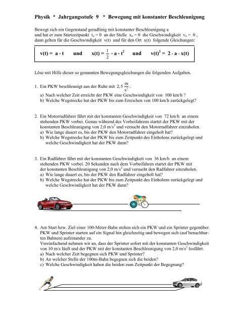 Gleichförmige Bewegung Aufgaben Mit Lösungen Pdf Physik * Klasse 9b * Bewegung unter konstanter Krafteinwirkung