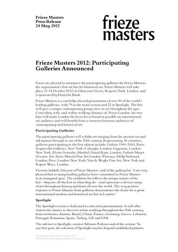 Frieze Masters 2012: Participating Galleries Announced