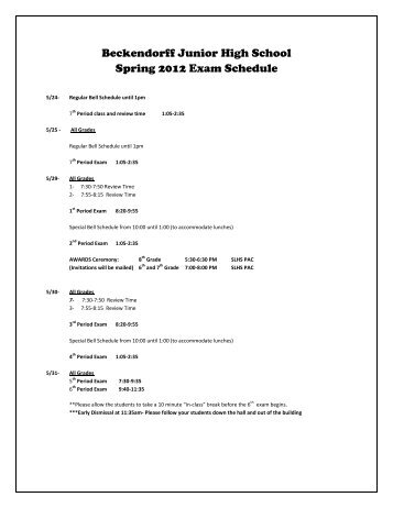 Beckendorff Junior High School Spring 2012 Exam Schedule