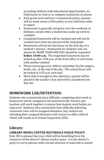 Shafer Elementary Student Handbook - Campuses - Katy ISD