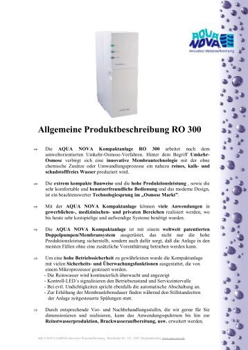 Technische Daten Kompaktanlage RO 300 - Aqua Nova GmbH