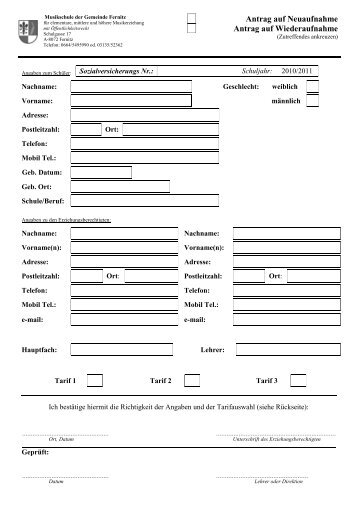 Musikschule Anmeldeformular 2010 - Hausmannstätten