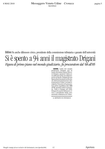 Si è spento a 94 anni il magistrato Drigani - Rassegna Stampa Uniud