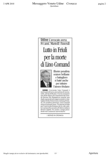 Lutto in Friuli per la morte di Lino Comand - Rassegna Stampa Uniud