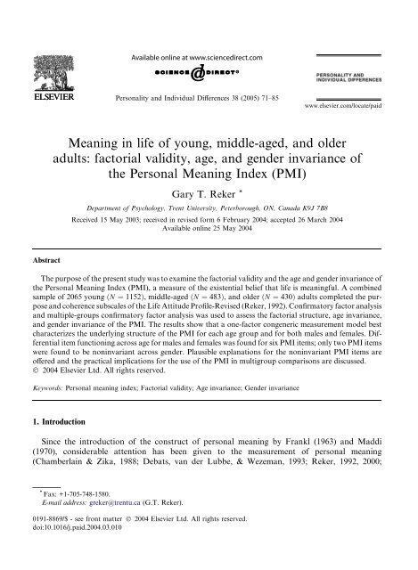 Personality And Individual Differences Gary Reker S Website