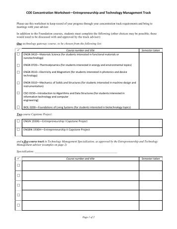 COE Concentration Worksheet—Entrepreneurship and Technology ...