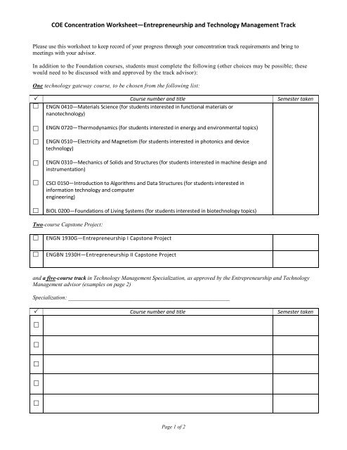 COE Concentration Worksheet—Entrepreneurship and Technology ...