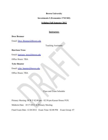 Brown University Investments I (Economics 1710 S02) Syllabus Fall ...