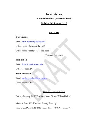 Brown University Corporate Finance (Economics 1720) Syllabus ...