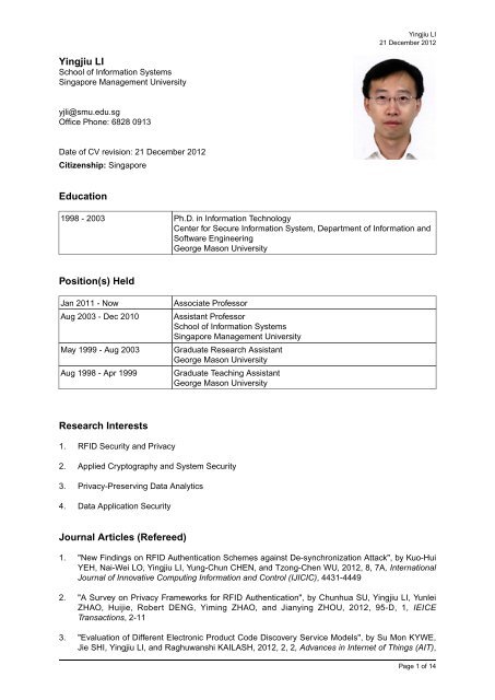 Yingjiu LI Education Position(s) - Singapore Management University