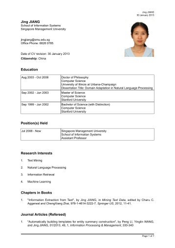 Jing JIANG Education Position(s) - Singapore Management University