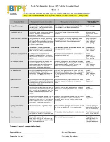 IBT Portfolio Rubric Grade 12 - North Park Secondary School