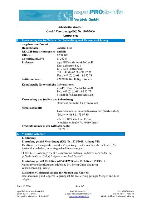 Sicherheitsdatenblatt Gemäß Verordnung (EG) Nr. 1907/2006 ...