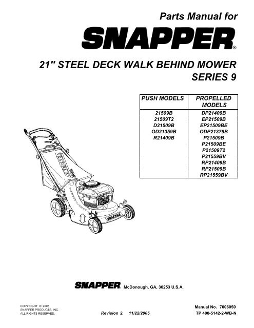 Parts Manual for 21&quot; STEEL DECK WALK BEHIND MOWER SERIES 9